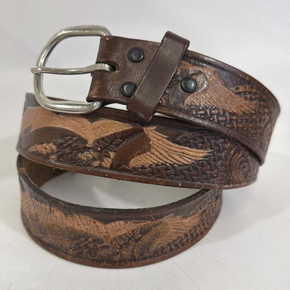Mens Vintage Brown Leather Hand Tooled Belt USA Eagles America Made Mexico 38